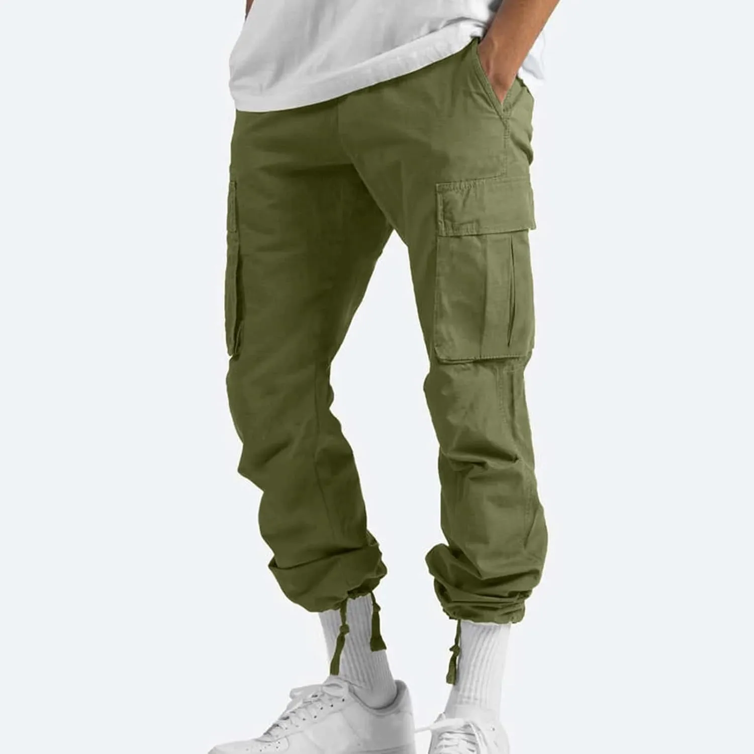 Cotton Cargo Trousers for Men,Solid Elastic Waist Straight Leg Slacks Slim Fit Bottoms Drawstring Pants for Men