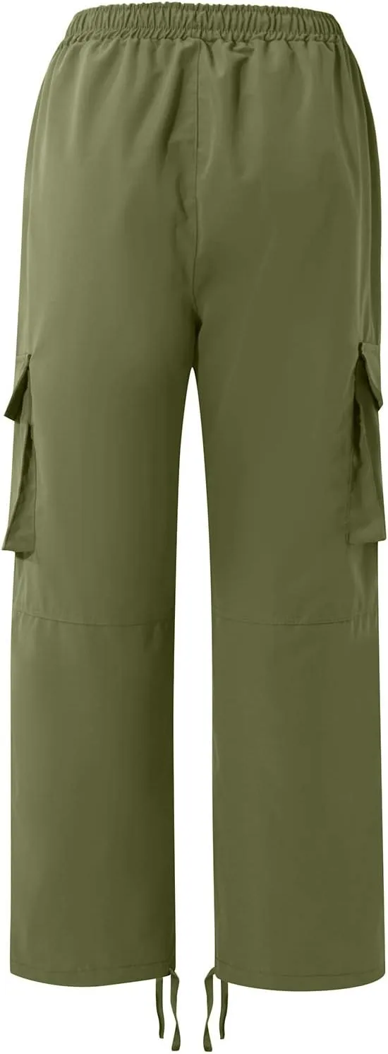 Cotton Cargo Trousers for Men,Solid Elastic Waist Straight Leg Slacks Slim Fit Bottoms Drawstring Pants for Men