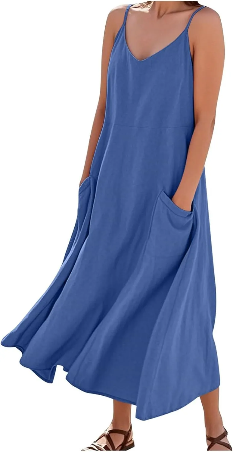 Cotton Linen Maxi Dress for Women Spaghetti Strap Summer Boho Casual Beach Dresses Solid Long Dress Vacation Outfits