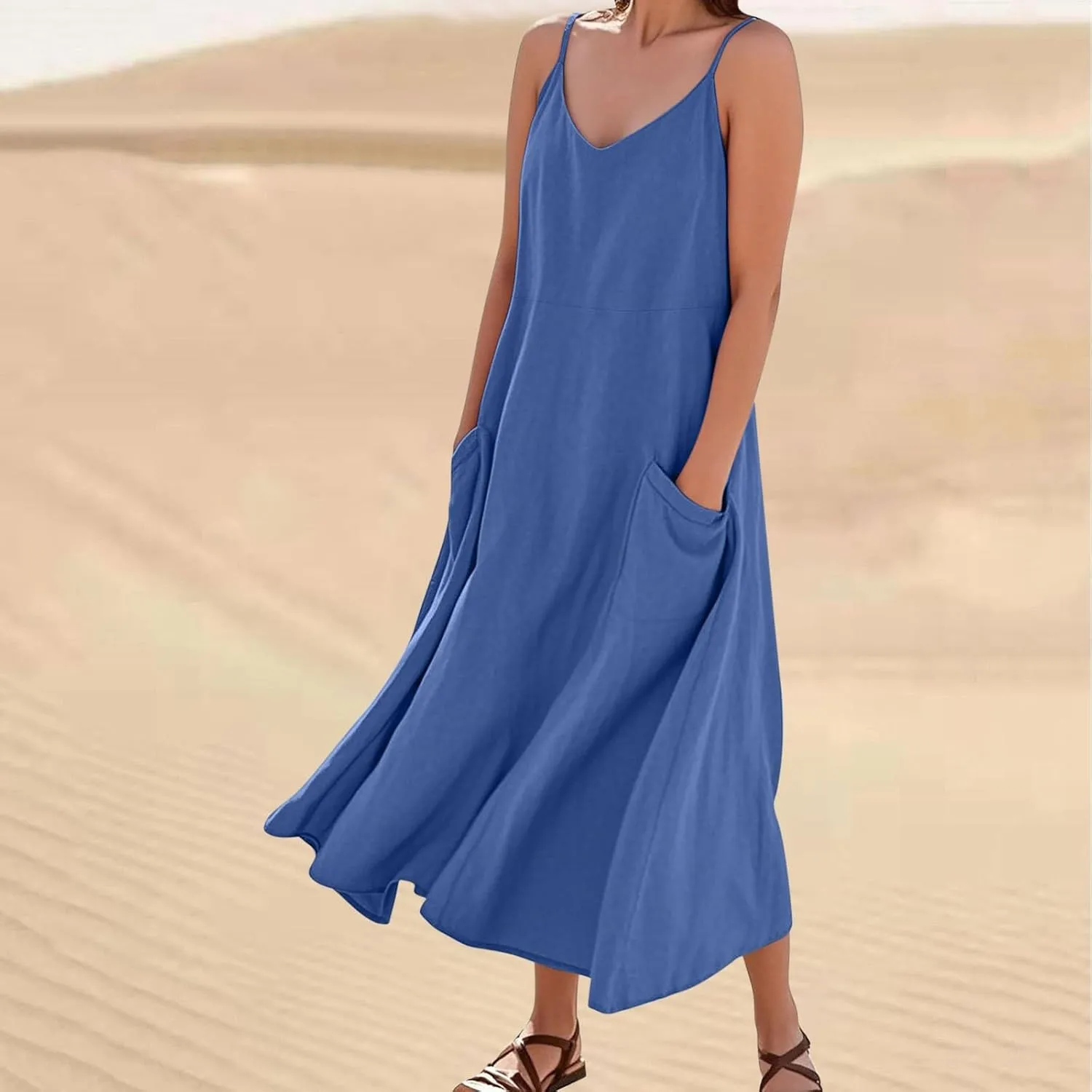 Cotton Linen Maxi Dress for Women Spaghetti Strap Summer Boho Casual Beach Dresses Solid Long Dress Vacation Outfits