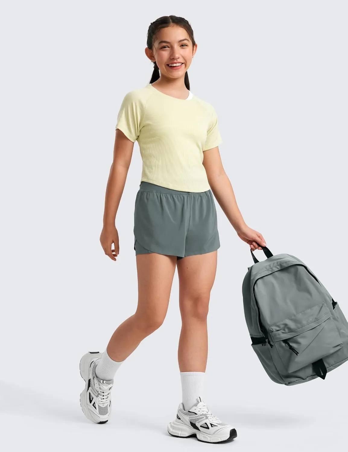 CRZ YOGA Girls 2 in 1 Dolphin Athletic Running Shorts with Pockets High Waist Teen Kid Workout Casual Tennis Soccer Split