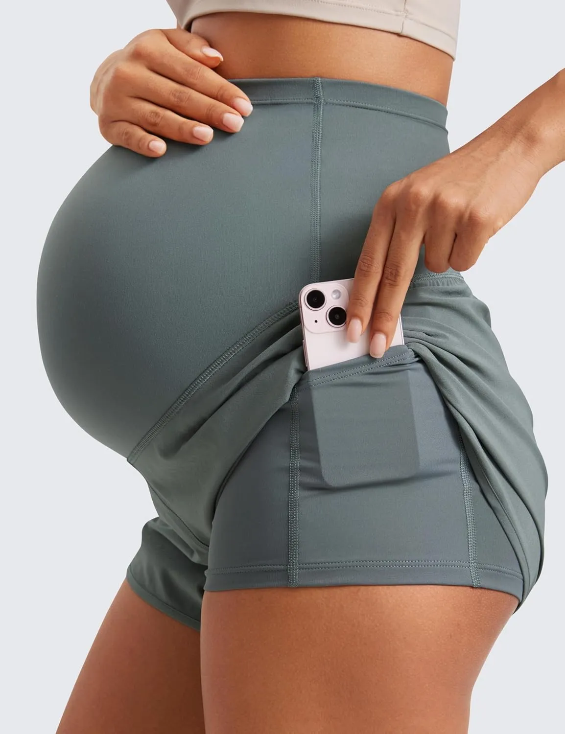 CRZ YOGA Women 2 in 1 Maternity Workout Shorts Over Belly 3" - Dolphin Soft Athletic Running Casual Pregnancy with Pockets