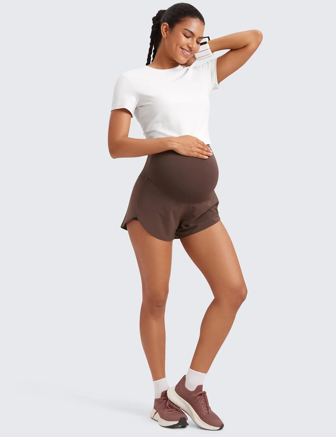 CRZ YOGA Women 2 in 1 Maternity Workout Shorts Over Belly 3" - Dolphin Soft Athletic Running Casual Pregnancy with Pockets