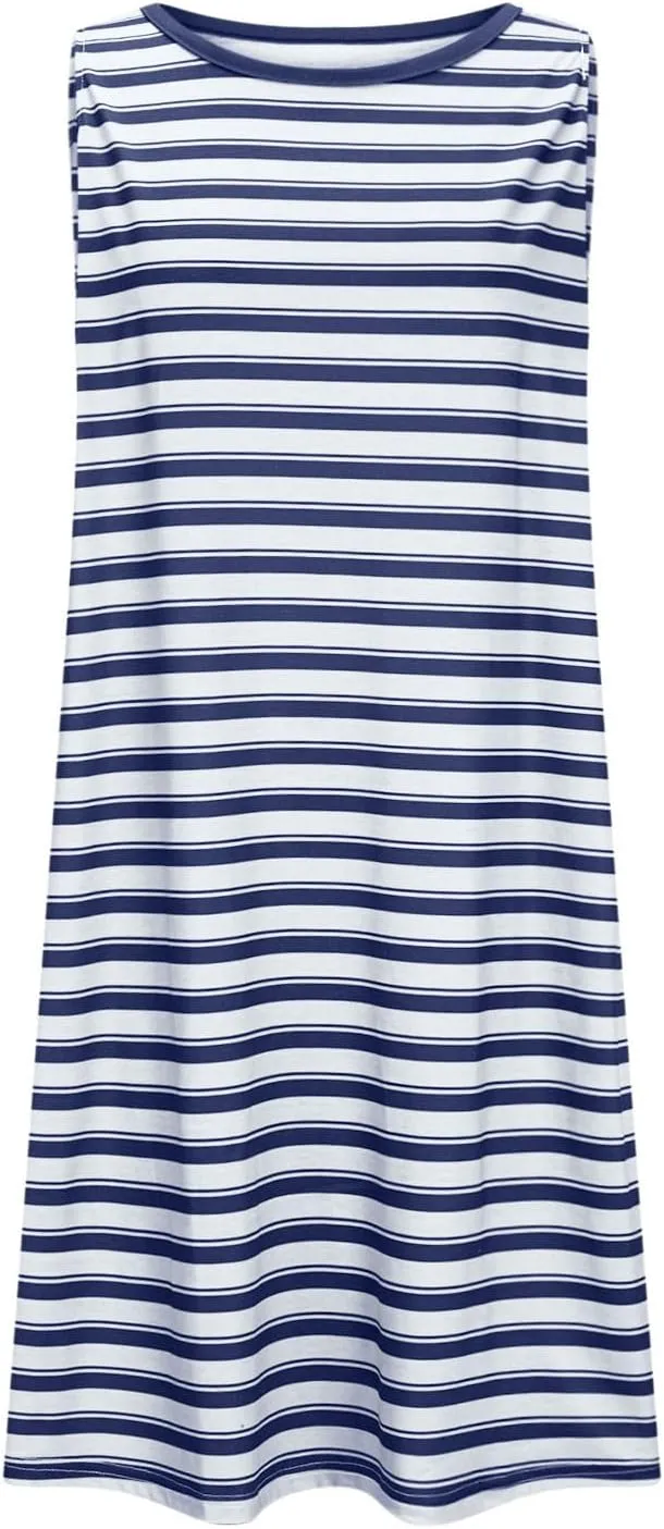 Cute Striped Casual Tank Dress for Women Summer Sleeveless Crewneck Mini Dresses Comfy Tunic Sundress with Pockets