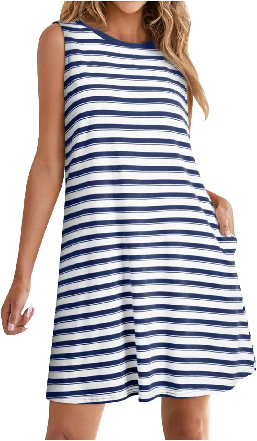 Cute Striped Casual Tank Dress for Women Summer Sleeveless Crewneck Mini Dresses Comfy Tunic Sundress with Pockets