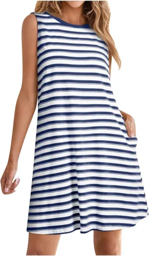 Cute Striped Casual Tank Dress for Women Summer Sleeveless Crewneck Mini Dresses Comfy Tunic Sundress with Pockets