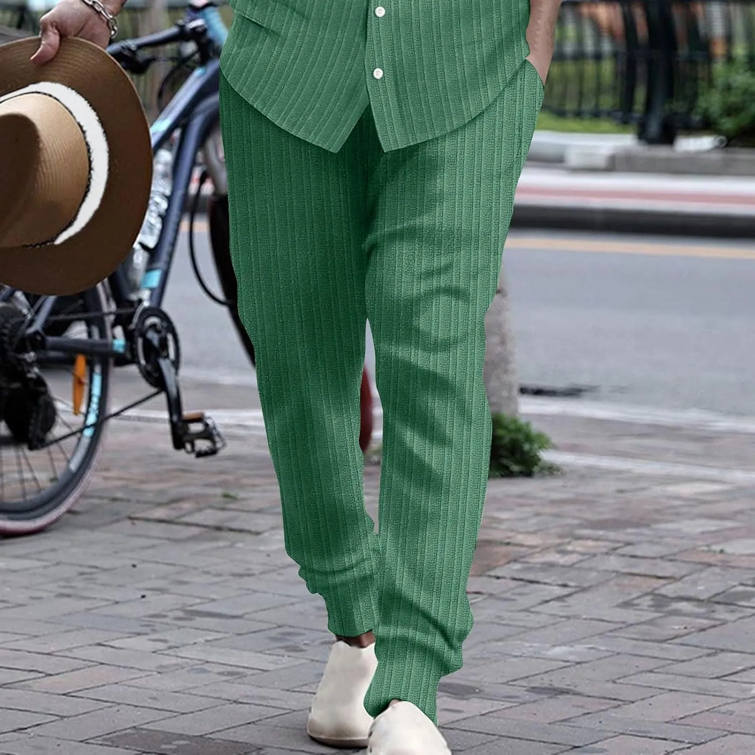 Dademeo Stripe Cotton Linen Pants for Men Comfy Breathable Casual Elastic Waist Straight Leg Pocket Business Pencil Trousers
