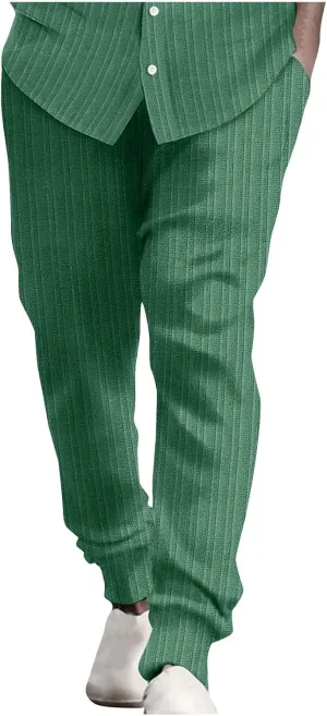 Dademeo Stripe Cotton Linen Pants for Men Comfy Breathable Casual Elastic Waist Straight Leg Pocket Business Pencil Trousers