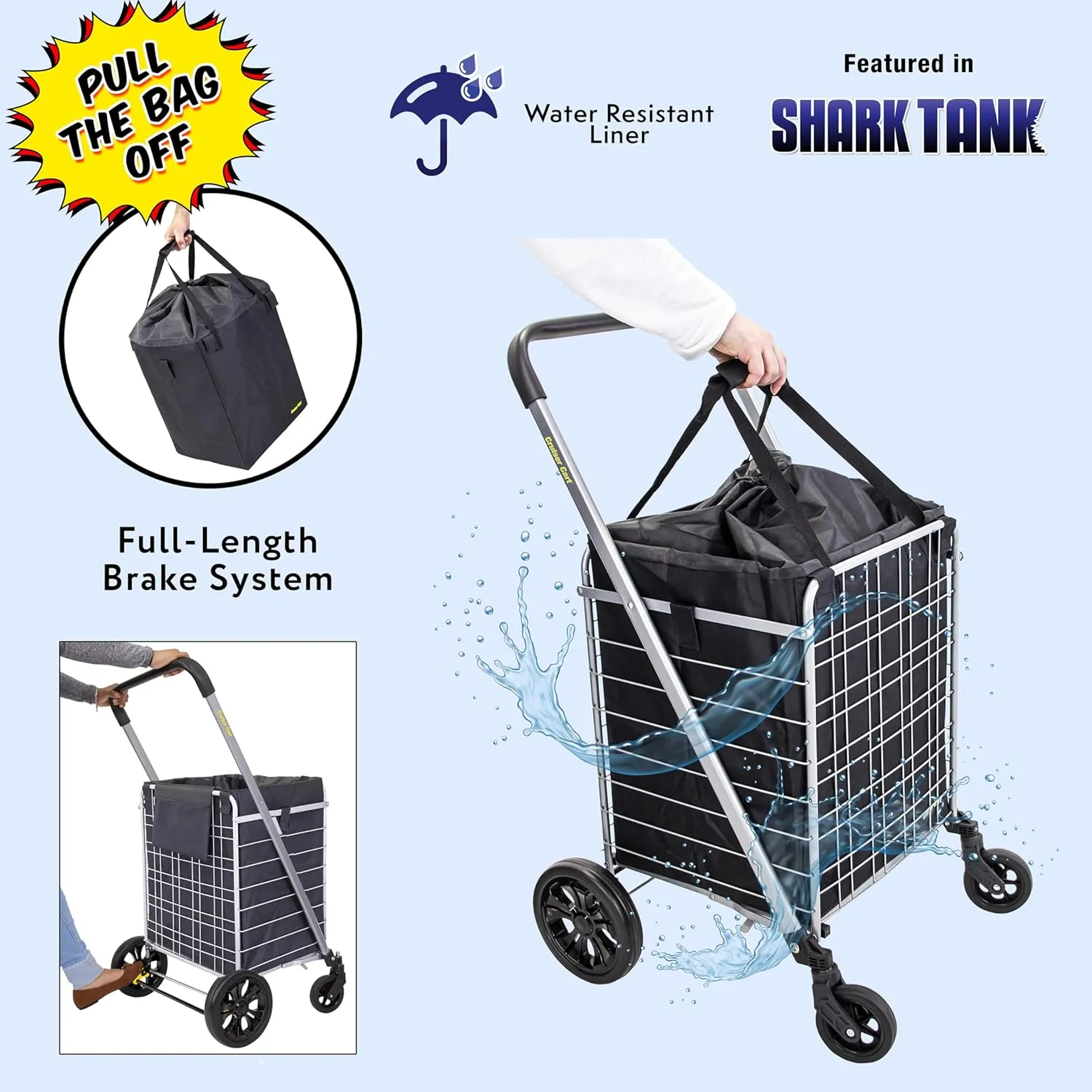 dbest products Cruiser Cart Deluxe 2 with Liner Bag Bundle Shopping Grocery Rolling Folding Laundry Basket on Wheels Foldable Utility Trolley Compact Lightweight Collapsible