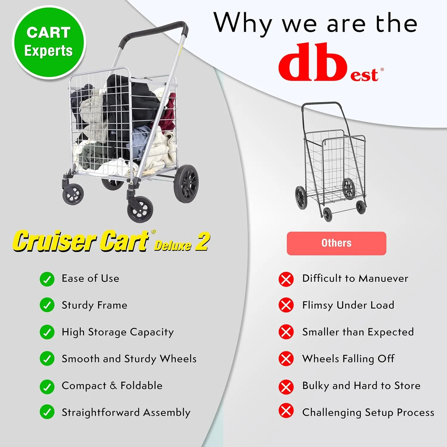 dbest products Cruiser Cart Deluxe 2 with Liner Bag Bundle Shopping Grocery Rolling Folding Laundry Basket on Wheels Foldable Utility Trolley Compact Lightweight Collapsible