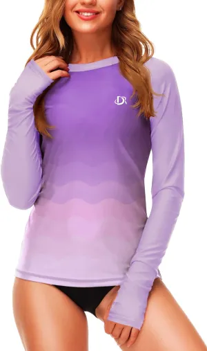 Deerose Womens Gradient Rash Guard UPF 50  Swim Shirts Surfing Top with Thumb Hole