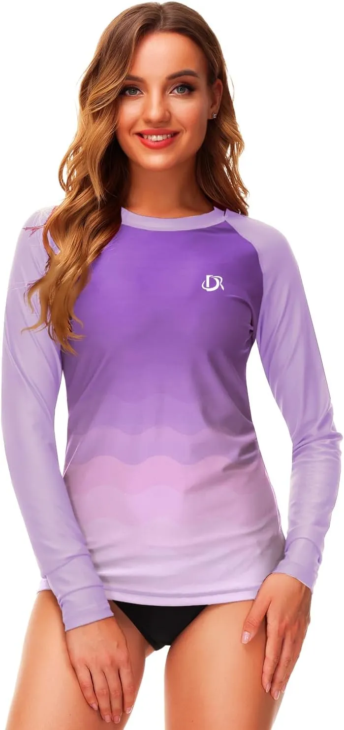 Deerose Womens Gradient Rash Guard UPF 50  Swim Shirts Surfing Top with Thumb Hole