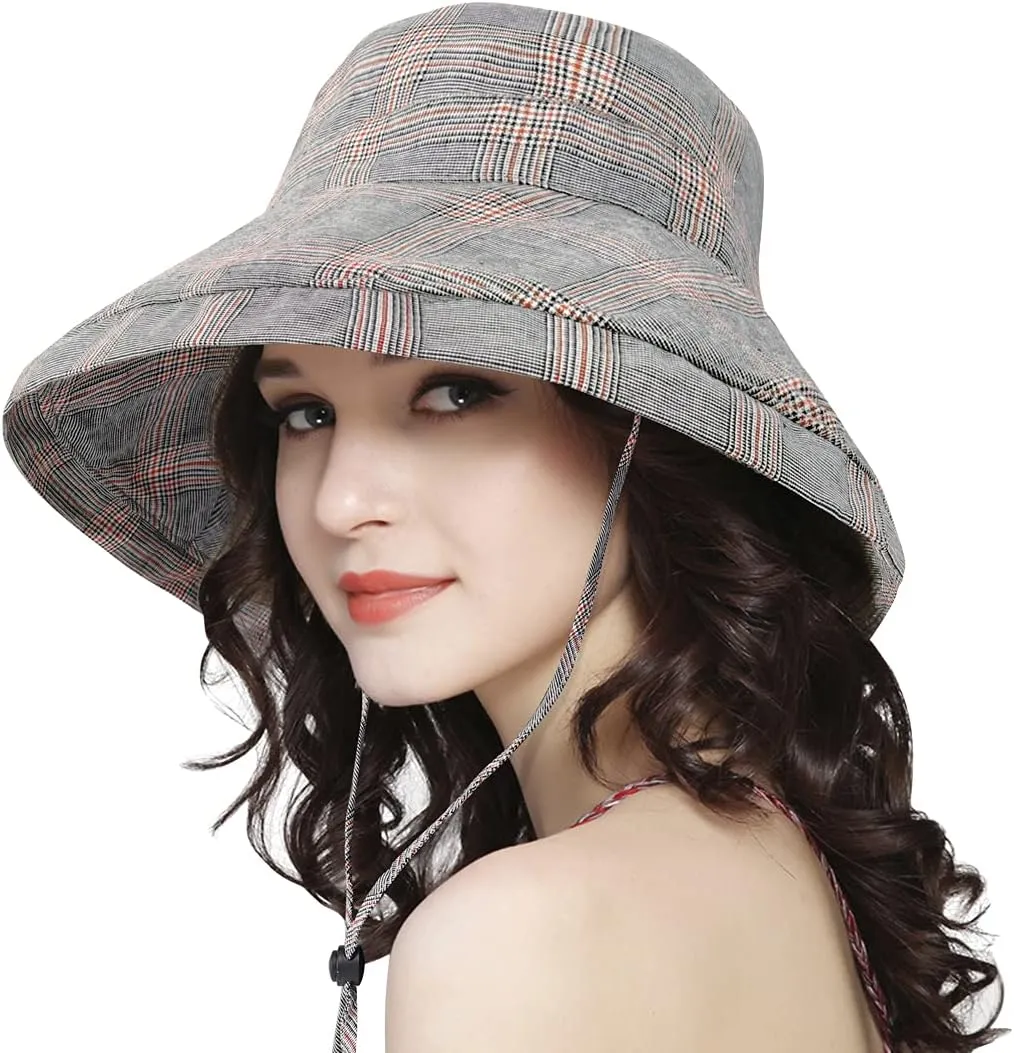 DOCILA Stylish Bucket Hats for Women Foldable Outdoor Plaid Fisherman Sun/Rain Cap with Chin Strap