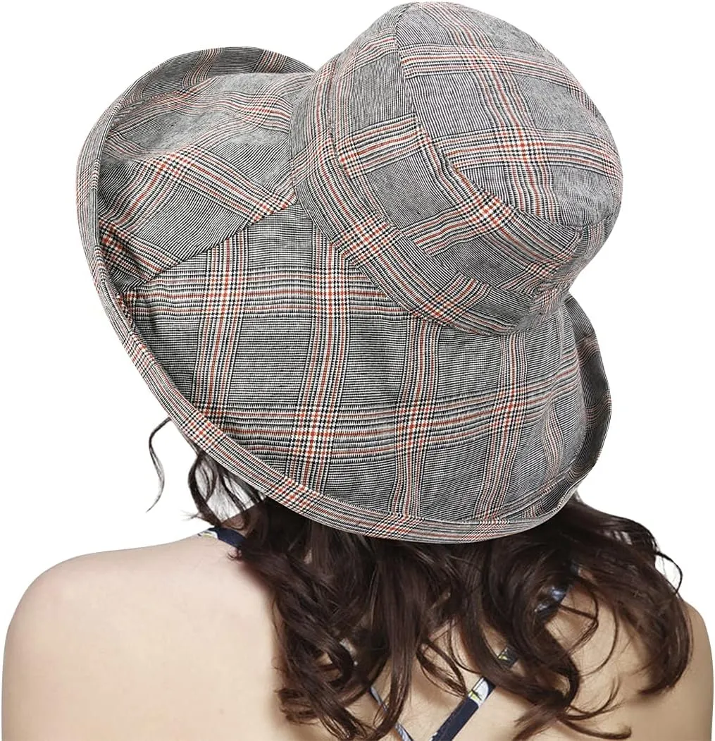 DOCILA Stylish Bucket Hats for Women Foldable Outdoor Plaid Fisherman Sun/Rain Cap with Chin Strap