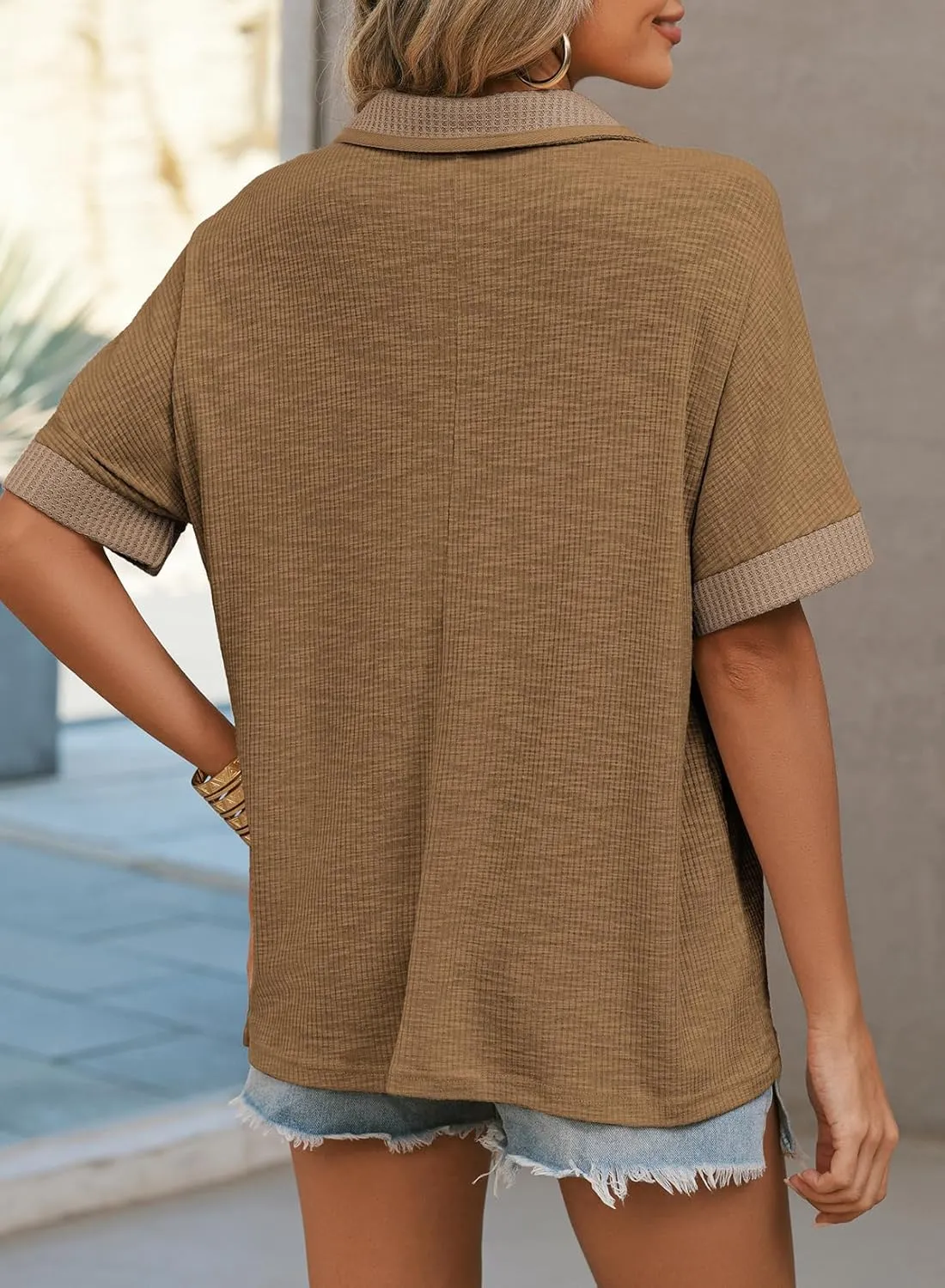 Dokotoo Women's Summer Tops Color Block Short Sleeve V Neck Knit Casual Loose Pullover Tops Shirts