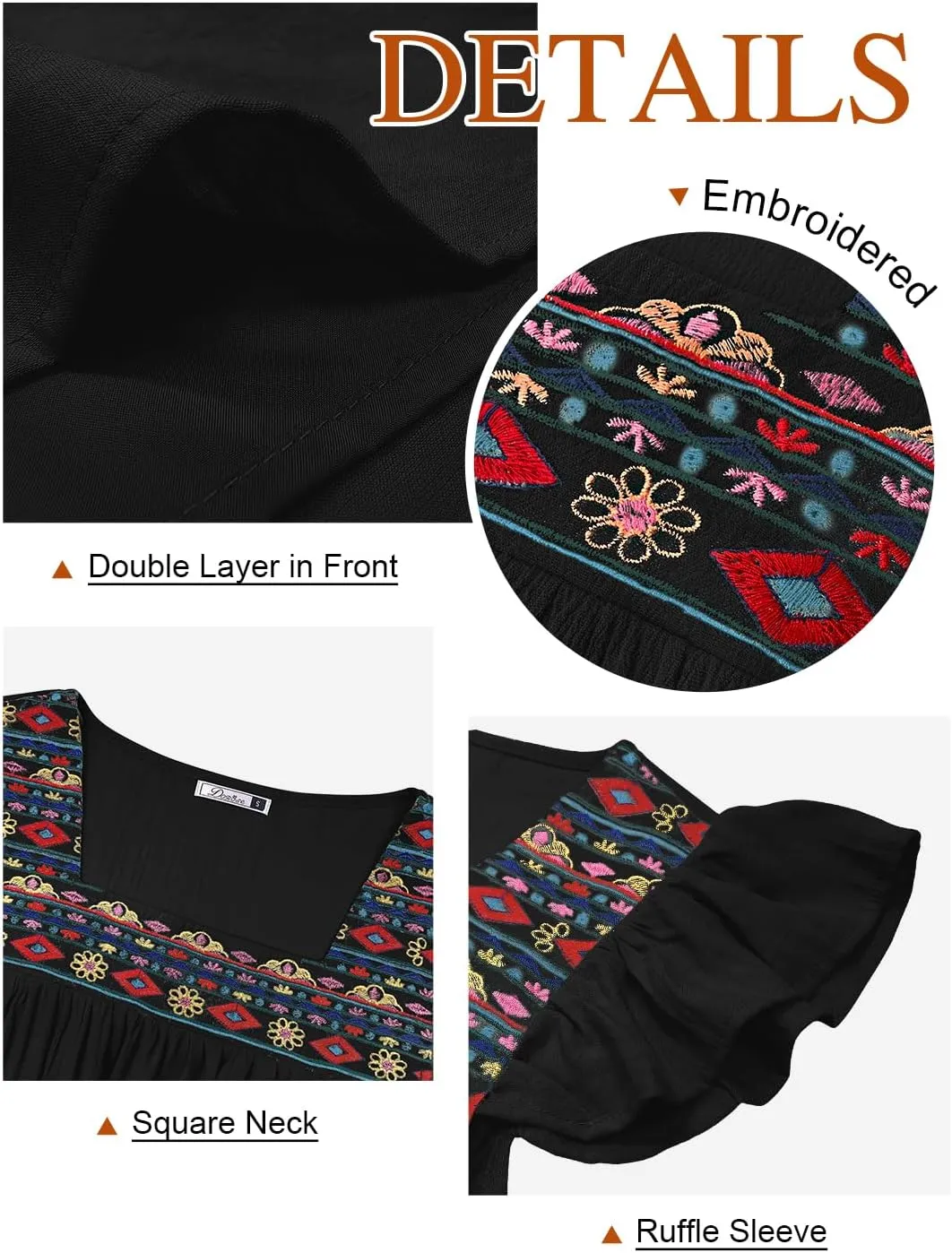 DOROSE Womens Square Neck Embroidered Tops Flowy Babydoll Tops Ruffle Sleeve Boho Peasant Blouses