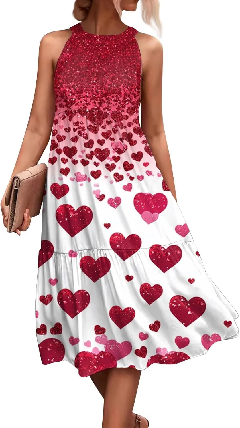Dresses for Women 2025 Sleeveless Floral Print Tank Dresses Hanging Neck Splicing Midi Dresses Loose Sundresses