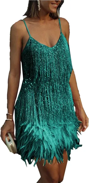 ECDAHICC Womens Dresses Flapper Dresses 20s Gatsby with All-Over Fringe Mini Dresses