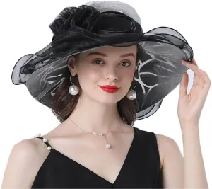 Elegant Women's Organza Sun Hat Wide Brim Flower Decorated Travel Beach Hat for Wedding Cocktail Ladies