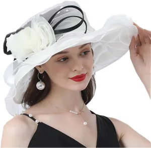 Elegant Women's Organza Sun Hat Wide Brim Flower Decorated Travel Beach Hat for Wedding Cocktail Ladies