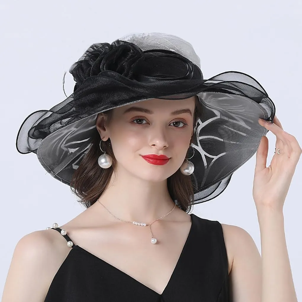 Elegant Women's Organza Sun Hat Wide Brim Flower Decorated Travel Beach Hat for Wedding Cocktail Ladies