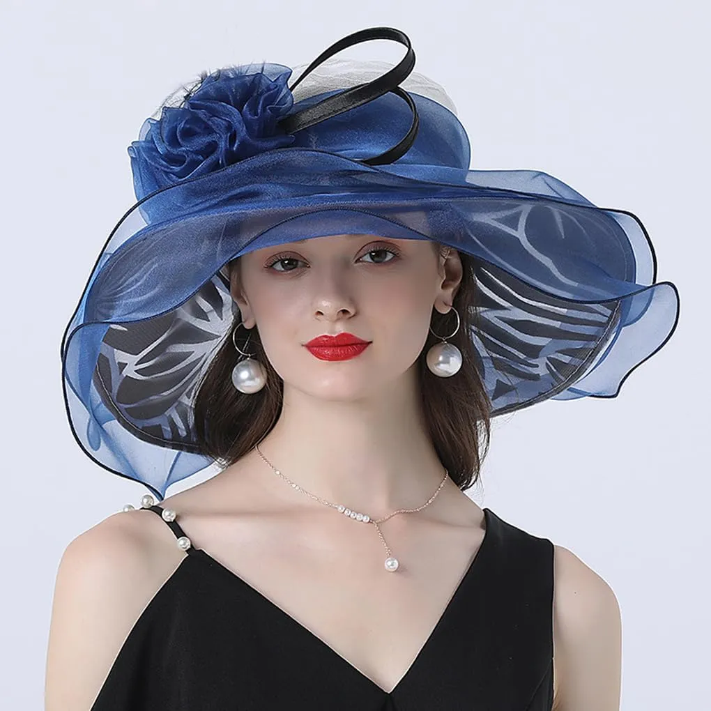 Elegant Women's Organza Sun Hat Wide Brim Flower Decorated Travel Beach Hat for Wedding Cocktail Ladies