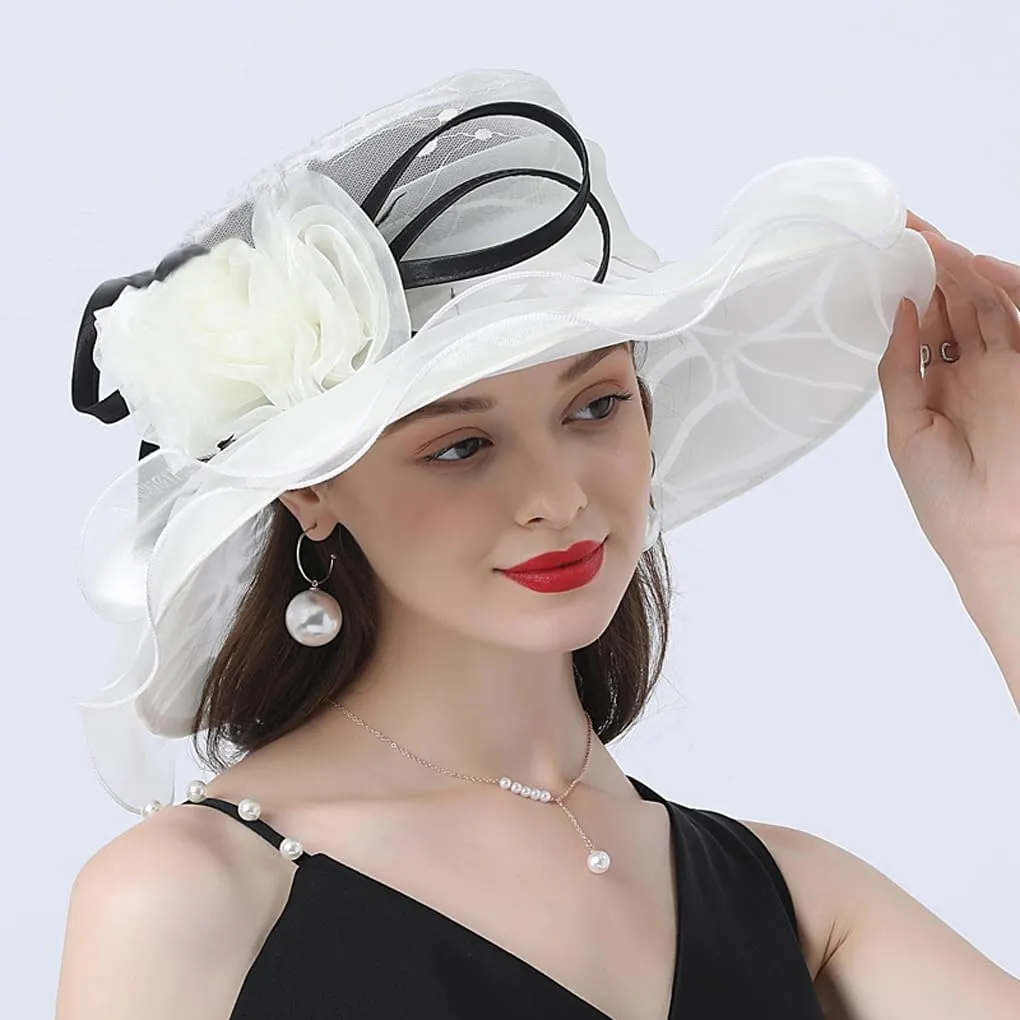 Elegant Women's Organza Sun Hat Wide Brim Flower Decorated Travel Beach Hat for Wedding Cocktail Ladies