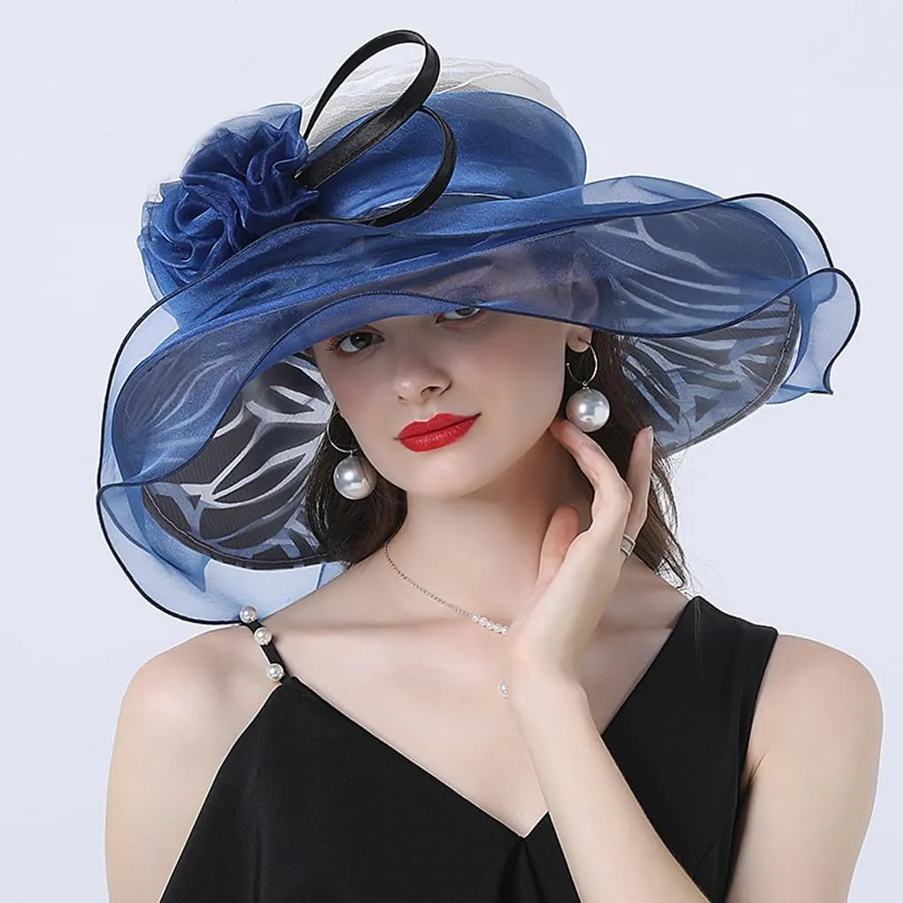 Elegant Women's Organza Sun Hat Wide Brim Flower Decorated Travel Beach Hat for Wedding Cocktail Ladies