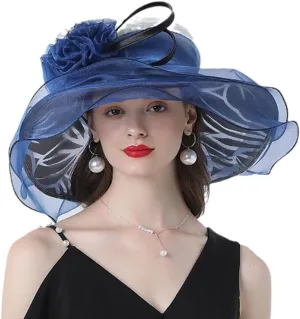 Elegant Women's Organza Sun Hat Wide Brim Flower Decorated Travel Beach Hat for Wedding Cocktail Ladies