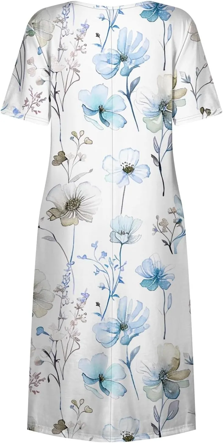 FlekmanArt Dresses for Women 2025 Printed Short Sleeve Boho Dress Pleated O Neck Beach Dress Trendy Long Dress with Pocket