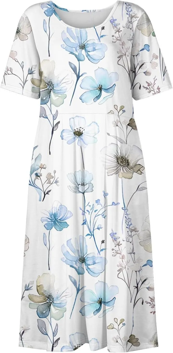 FlekmanArt Dresses for Women 2025 Printed Short Sleeve Boho Dress Pleated O Neck Beach Dress Trendy Long Dress with Pocket