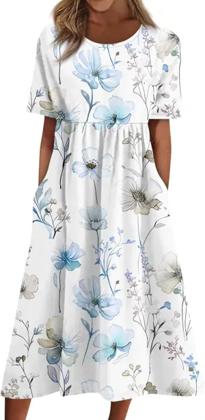FlekmanArt Dresses for Women 2025 Printed Short Sleeve Boho Dress Pleated O Neck Beach Dress Trendy Long Dress with Pocket