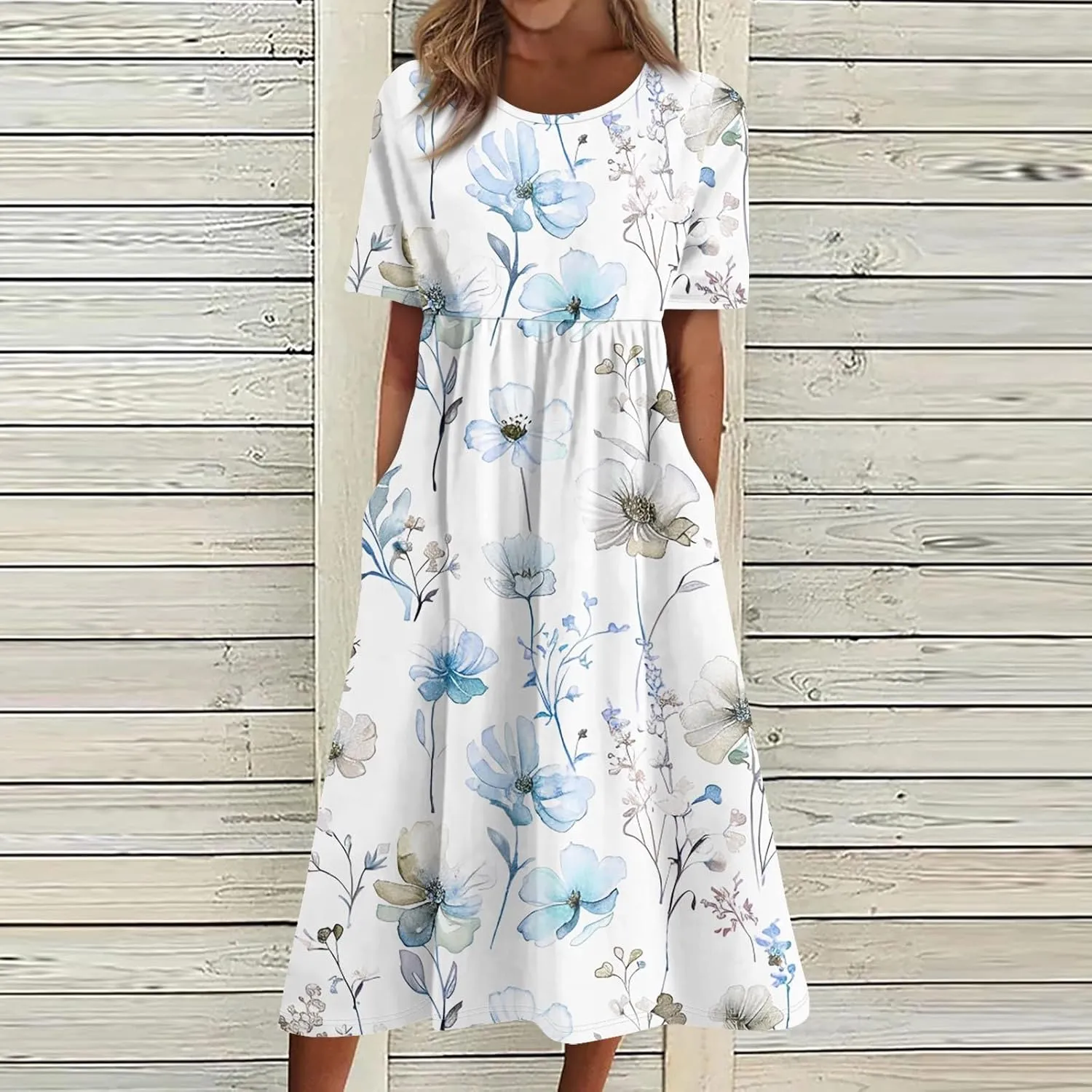 FlekmanArt Dresses for Women 2025 Printed Short Sleeve Boho Dress Pleated O Neck Beach Dress Trendy Long Dress with Pocket