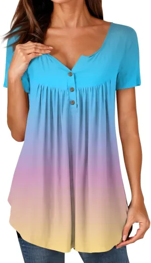 FQZWONG Summer Tops for Women 2025 Plus Size Short Sleeve Shirts Loose Casual Ladies Crew Neck Button Down Boho Blouses