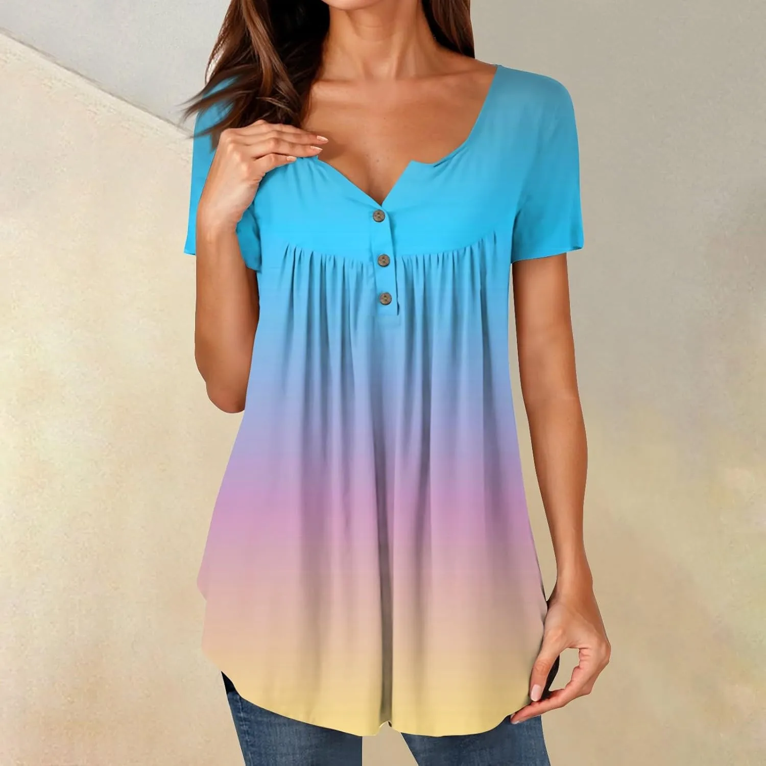 FQZWONG Summer Tops for Women 2025 Plus Size Short Sleeve Shirts Loose Casual Ladies Crew Neck Button Down Boho Blouses
