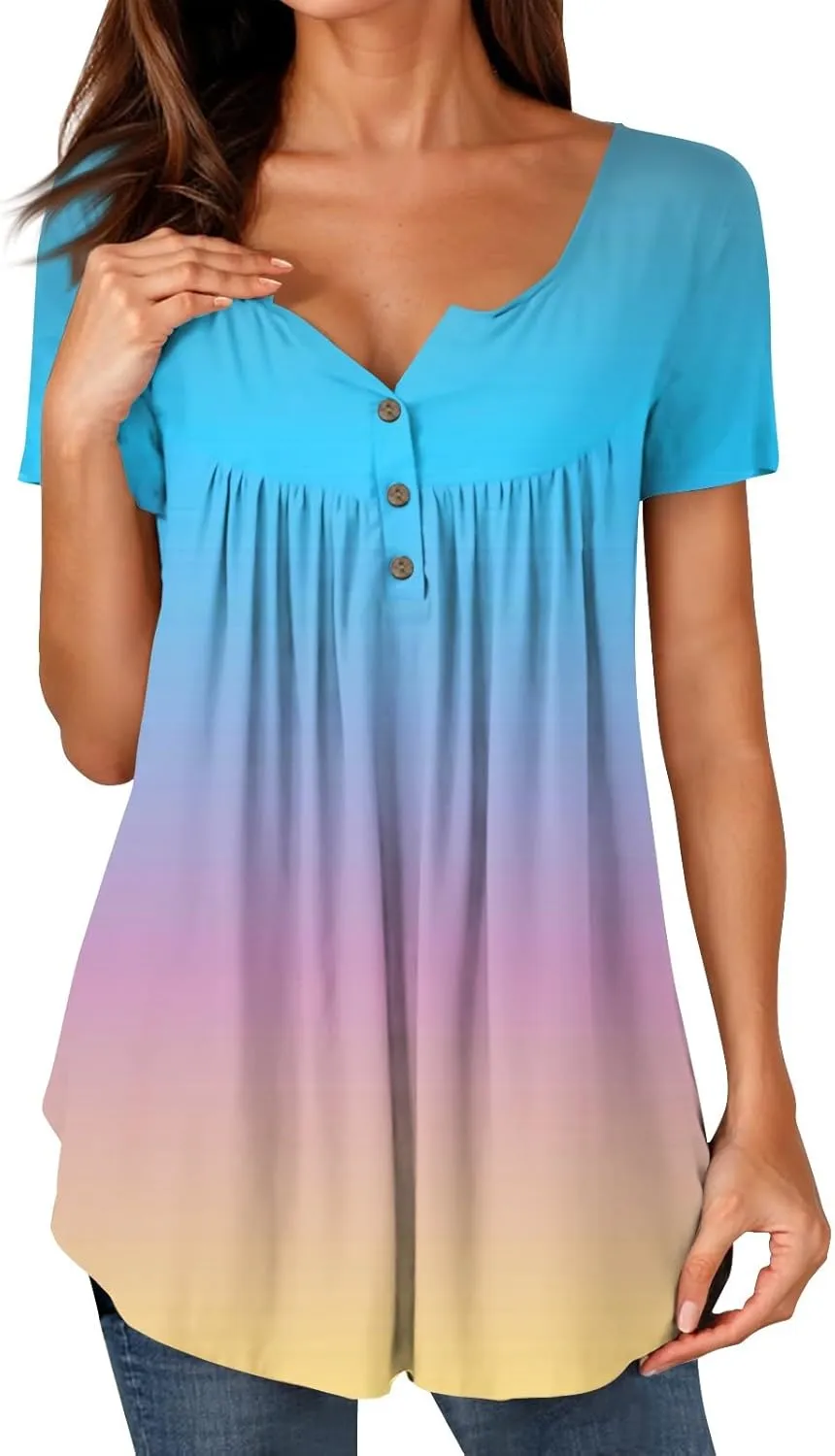 FQZWONG Summer Tops for Women 2025 Plus Size Short Sleeve Shirts Loose Casual Ladies Crew Neck Button Down Boho Blouses