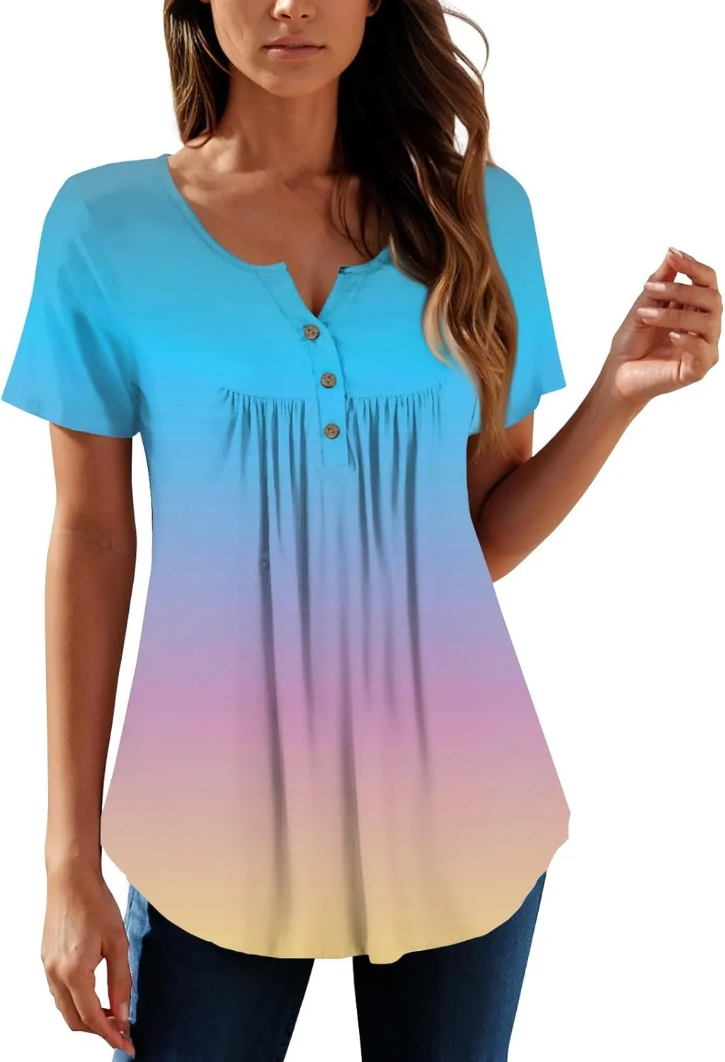 FQZWONG Summer Tops for Women 2025 Plus Size Short Sleeve Shirts Loose Casual Ladies Crew Neck Button Down Boho Blouses