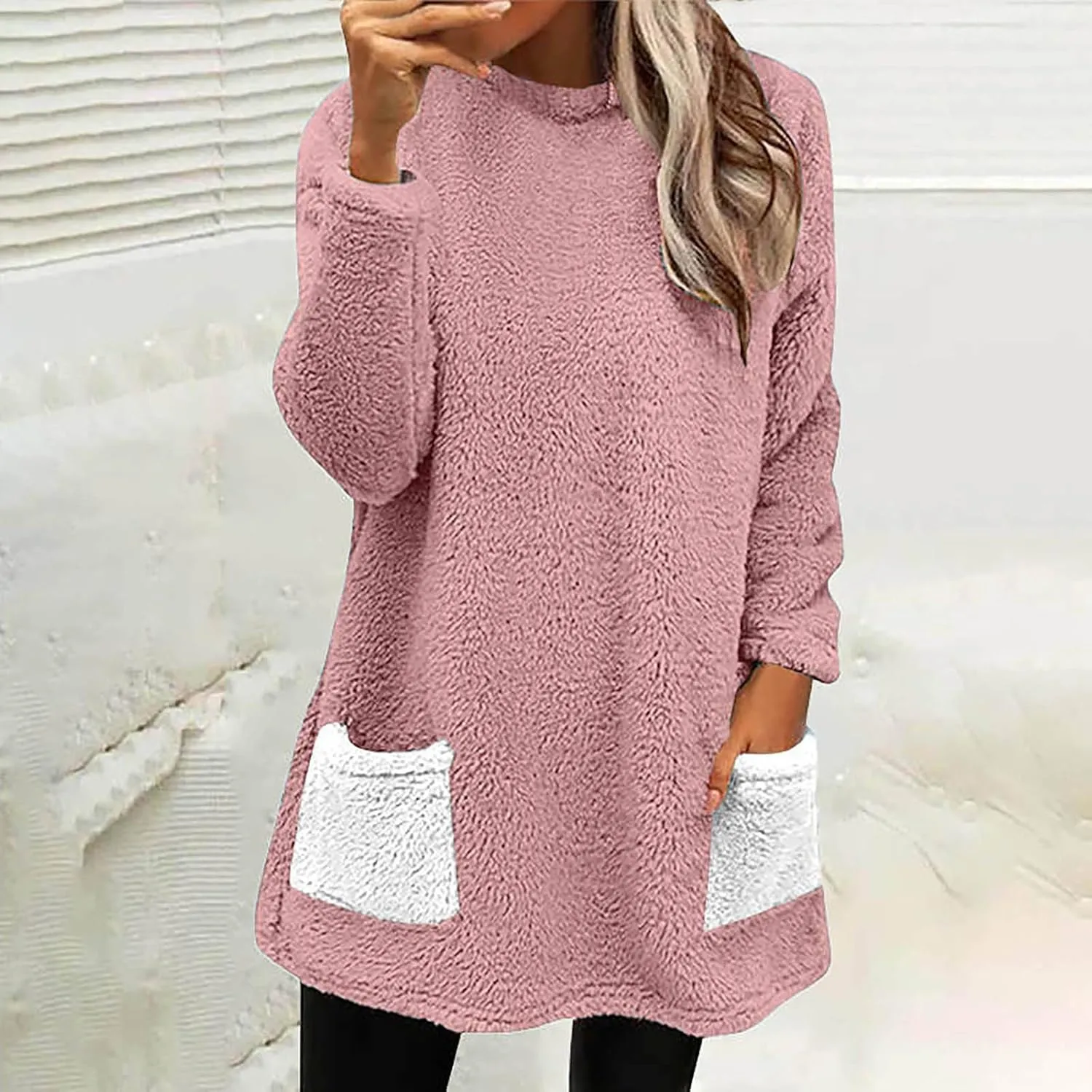 Fuzzy Fleece Pullover Women Sherpa Lined Crewneck Sweatshirts 2024 Trendy Winter Warm Faux Fur Loungewear with Pockets