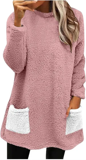 Fuzzy Fleece Pullover Women Sherpa Lined Crewneck Sweatshirts 2024 Trendy Winter Warm Faux Fur Loungewear with Pockets