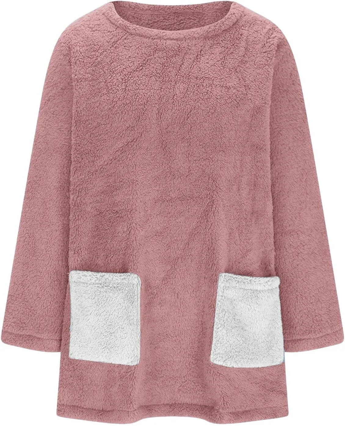 Fuzzy Fleece Pullover Women Sherpa Lined Crewneck Sweatshirts 2024 Trendy Winter Warm Faux Fur Loungewear with Pockets