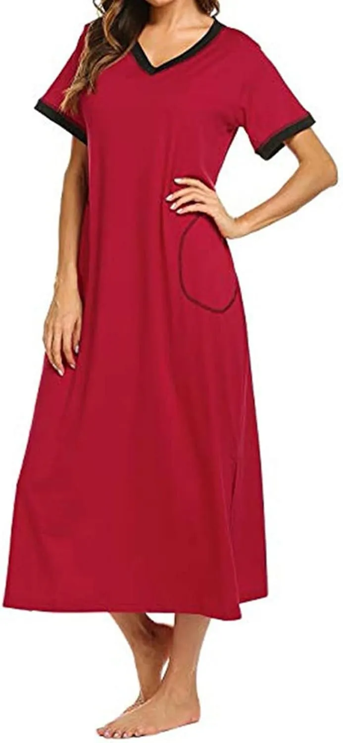 FZYLQY Womens Short Sleeve Nightgown Cotton V Neck Long Nightshirts Full Length Sleep Dress Side Slit Sleepwear with Pockets