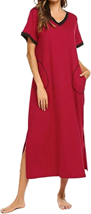 FZYLQY Womens Short Sleeve Nightgown Cotton V Neck Long Nightshirts Full Length Sleep Dress Side Slit Sleepwear with Pockets