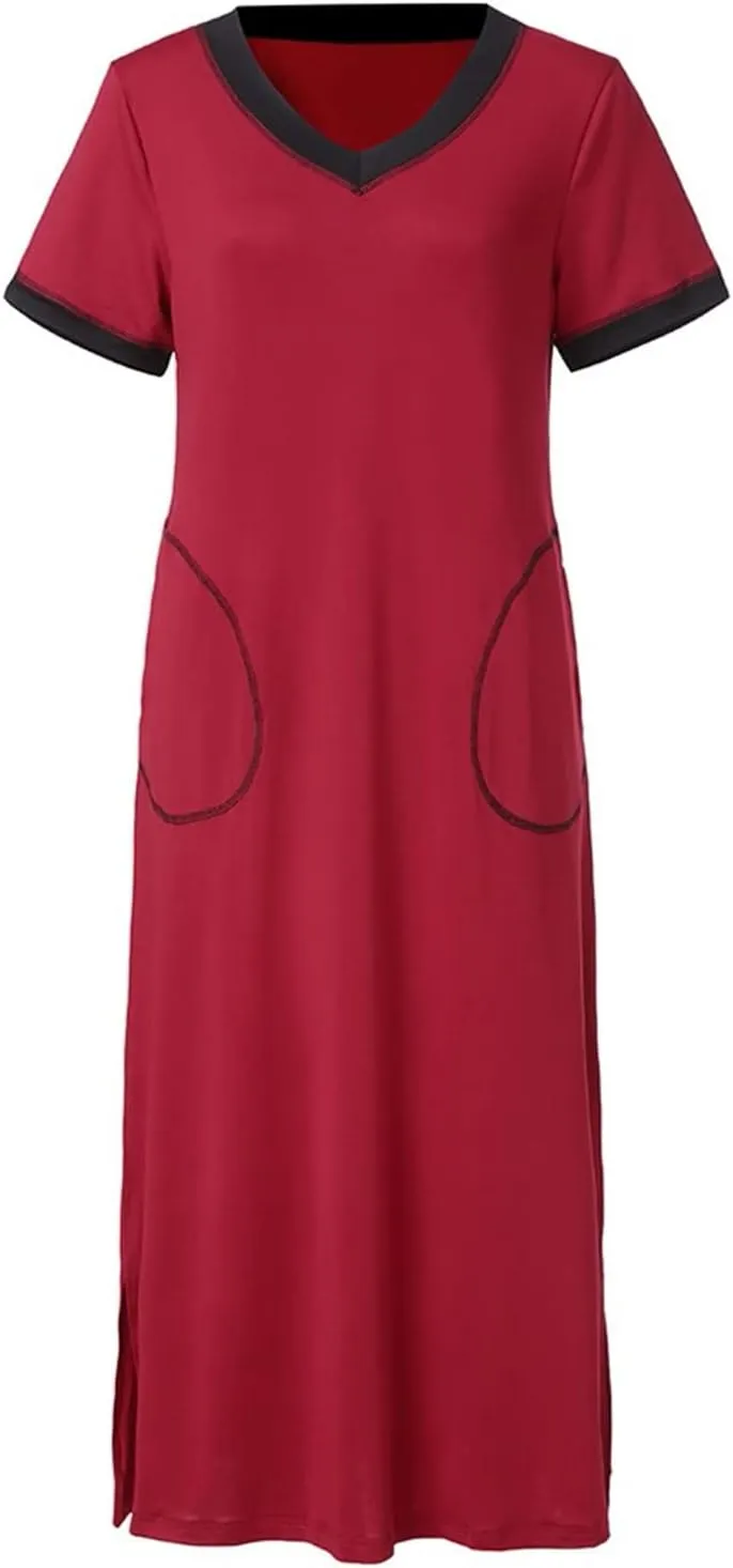 FZYLQY Womens Short Sleeve Nightgown Cotton V Neck Long Nightshirts Full Length Sleep Dress Side Slit Sleepwear with Pockets