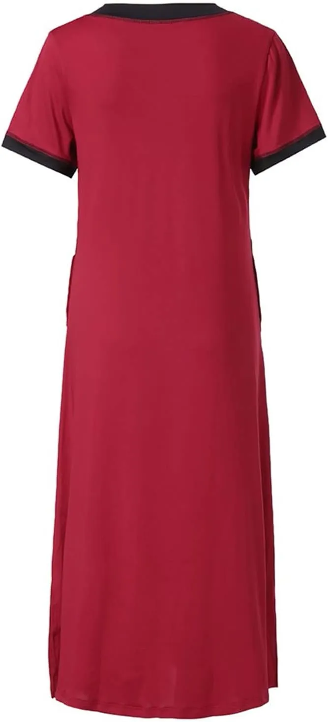FZYLQY Womens Short Sleeve Nightgown Cotton V Neck Long Nightshirts Full Length Sleep Dress Side Slit Sleepwear with Pockets