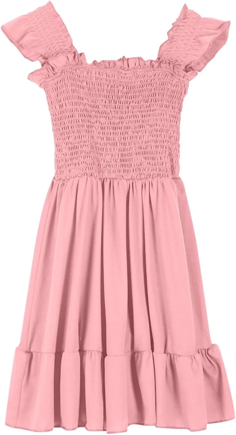 Girls Casual Dress Summer Flutter Sleeve Swing Dresses Kids Smocked Ruffle Mini Skirts Solid Color Tiered Sundress