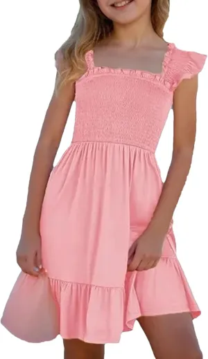 Girls Casual Dress Summer Flutter Sleeve Swing Dresses Kids Smocked Ruffle Mini Skirts Solid Color Tiered Sundress