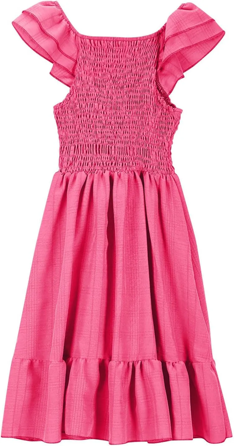 Girls Casual Dress Summer Flutter Sleeve Swing Dresses Kids Smocked Ruffle Mini Skirts Solid Color Tiered Sundress
