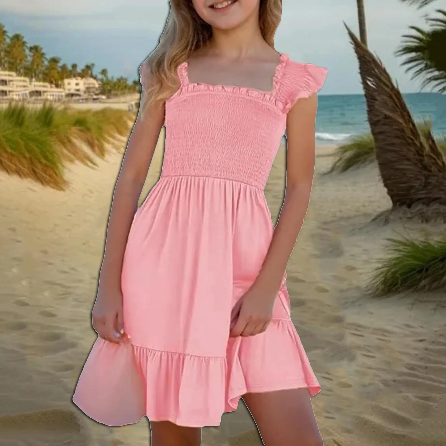Girls Casual Dress Summer Flutter Sleeve Swing Dresses Kids Smocked Ruffle Mini Skirts Solid Color Tiered Sundress