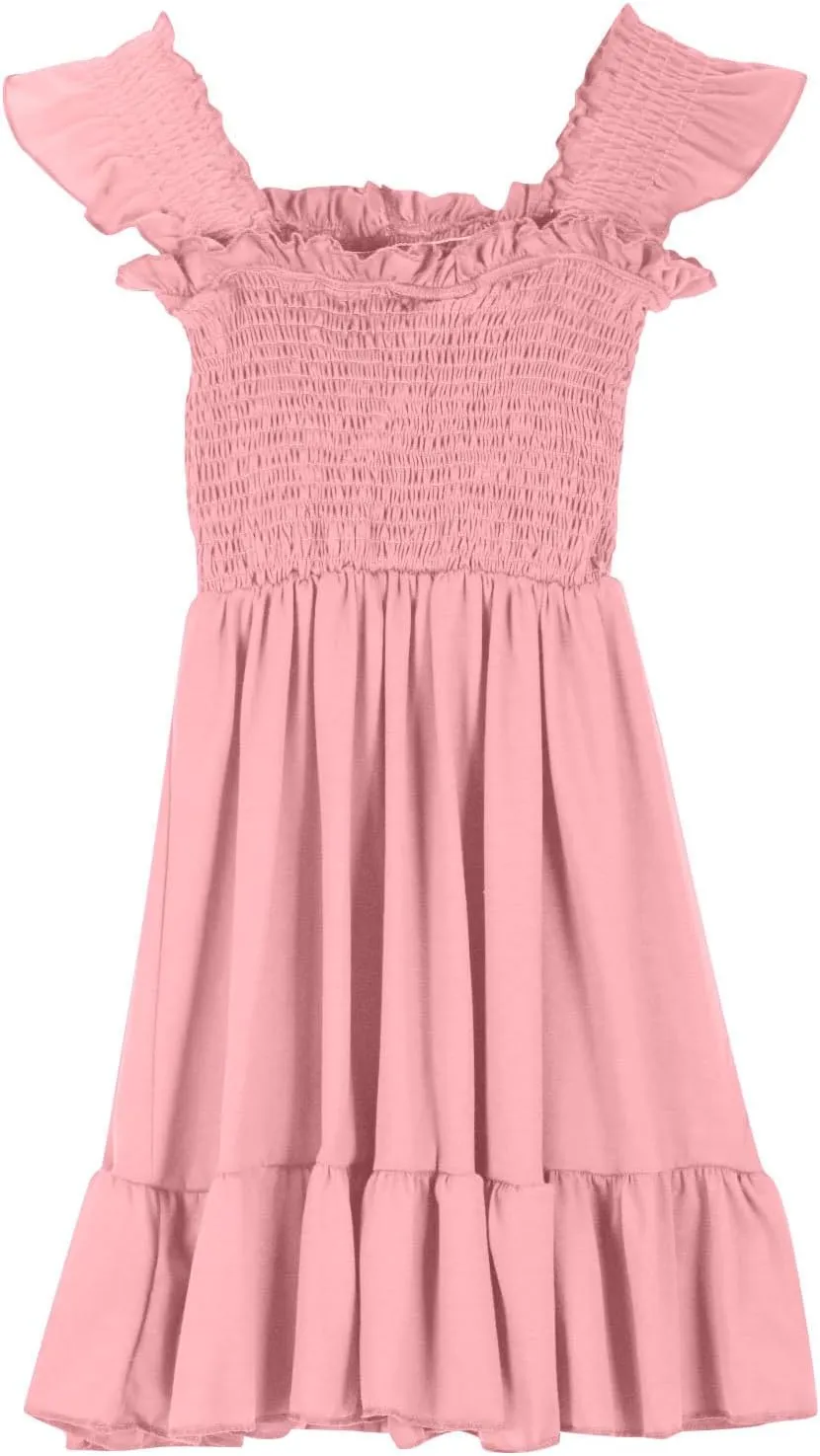 Girls Casual Dress Summer Flutter Sleeve Swing Dresses Kids Smocked Ruffle Mini Skirts Solid Color Tiered Sundress