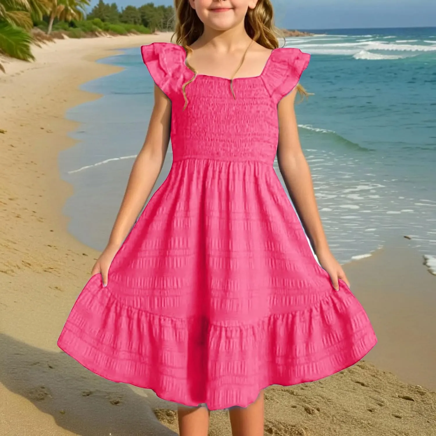 Girls Casual Dress Summer Flutter Sleeve Swing Dresses Kids Smocked Ruffle Mini Skirts Solid Color Tiered Sundress